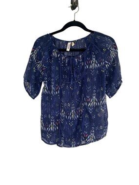 Colorful Sheer Chevron Top Blue L Boho Indie Folk Peasant Festival Artsy Western